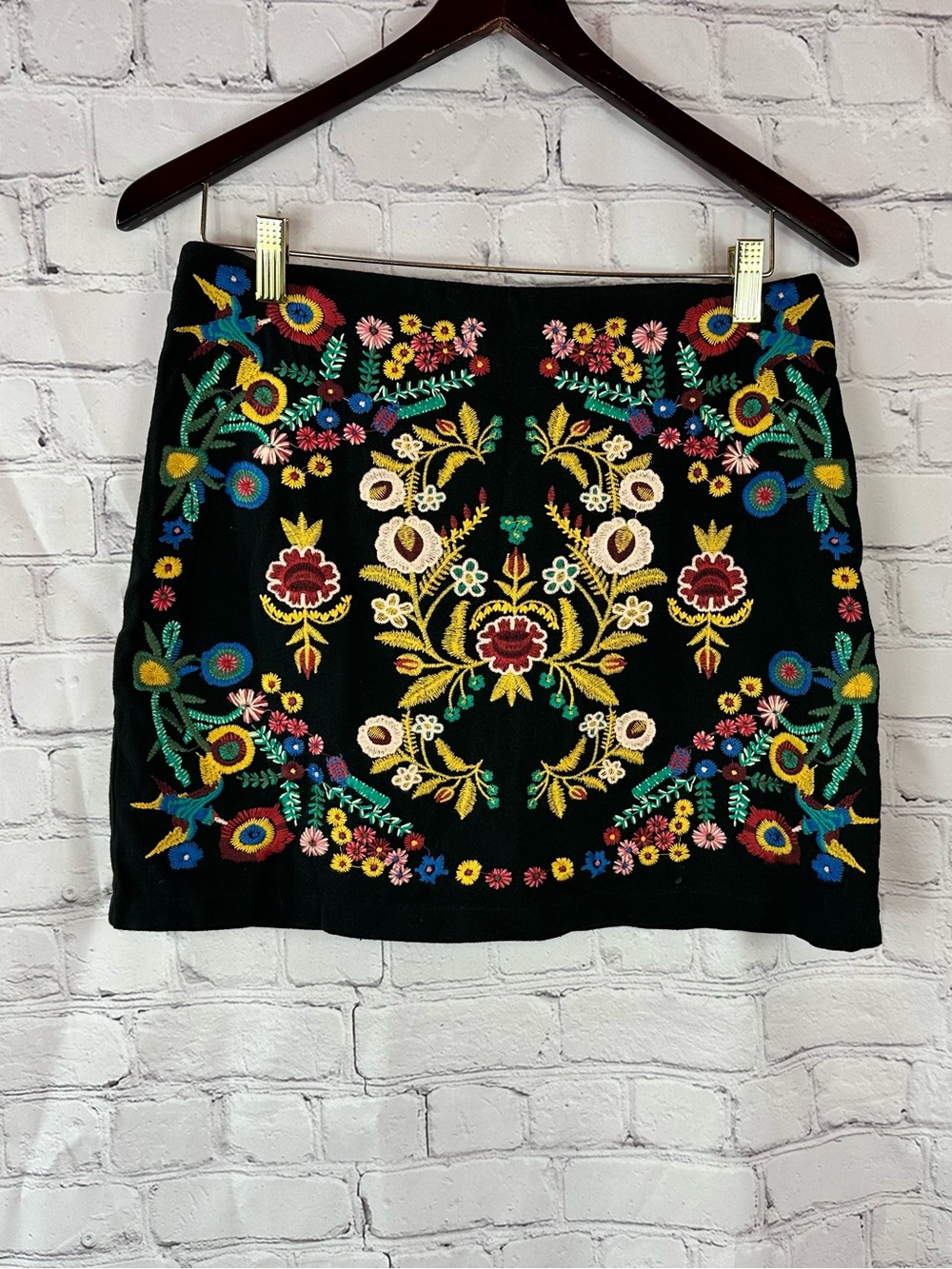 Umgee Black Mini Skirt with Multicolor Floral Embroidery boho